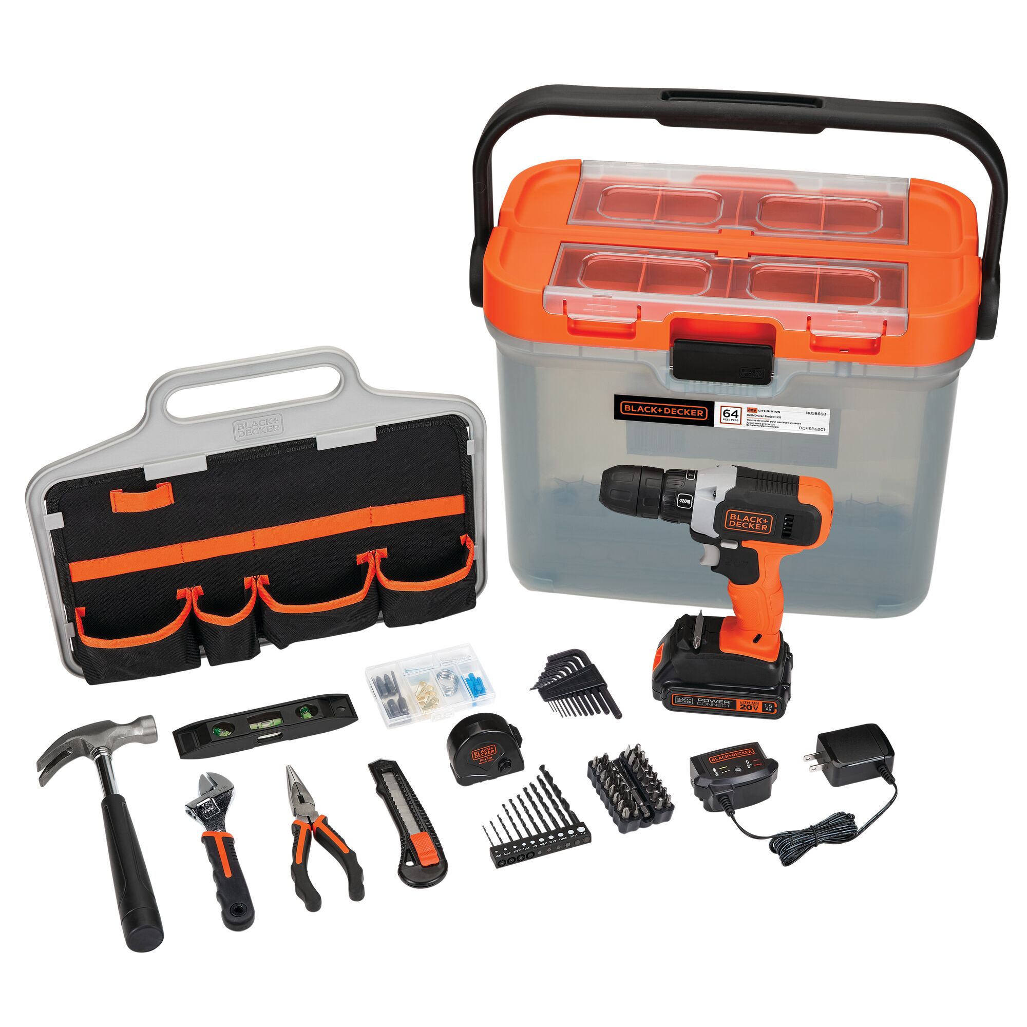 20 volt max drill with 63 piece hand tool and accessory home project kit.