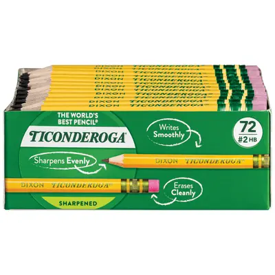 Ticonderoga Golf Wood-Cased Pencils, Pre-Sharpened, #2 HB, With Erasers, Yellow, 72 Count