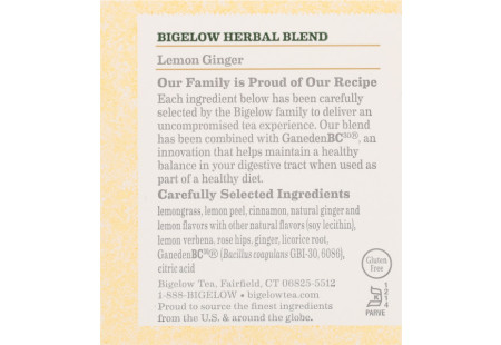 Bigelow Lemon Ginger Herbal Tea plus Probiotics tea bag in foil overwrap