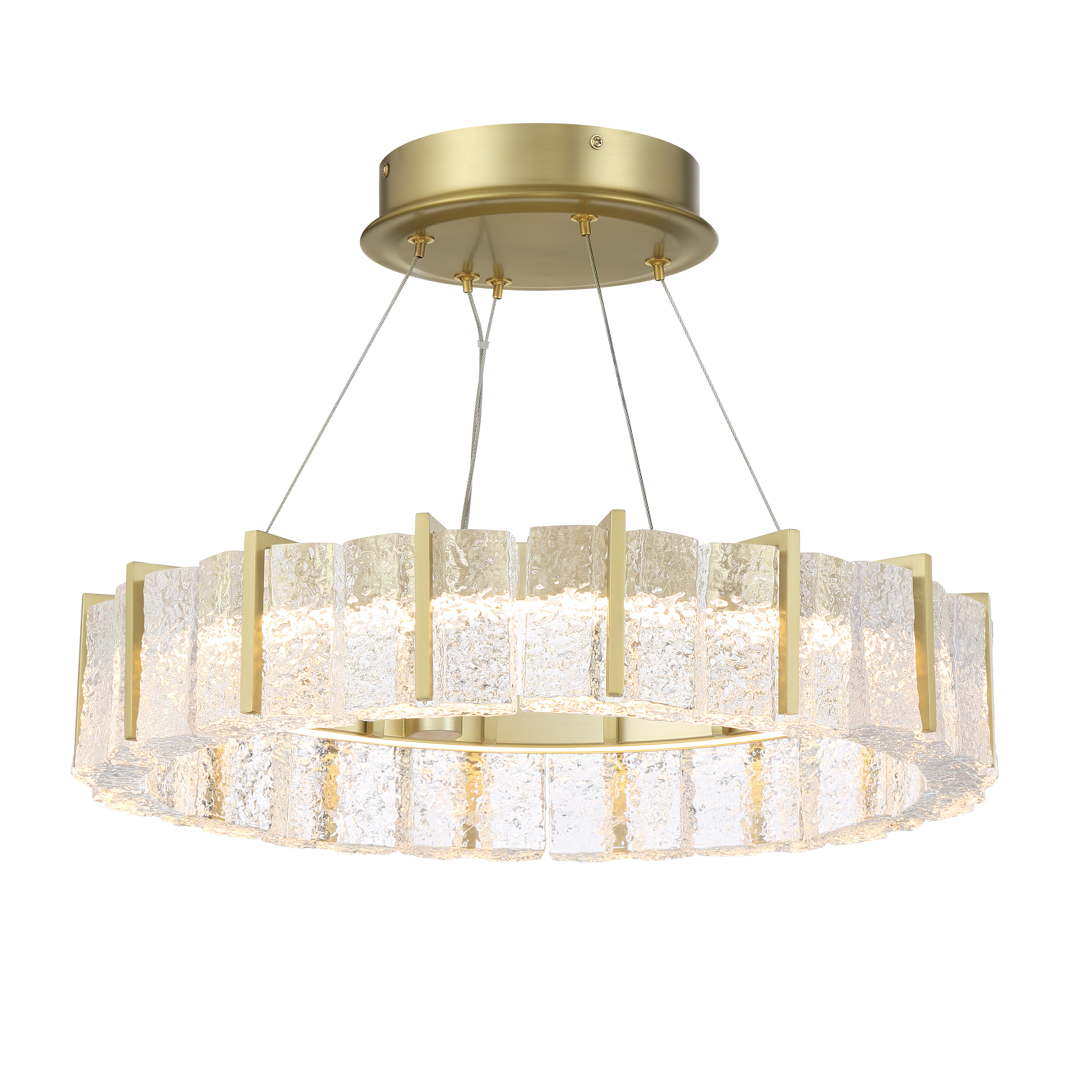 The Sevryn LED Semi-Flush combines warm Soft Brass finish with cast textured crystal glass for sophisticated ambient lighting. Convertible design offers installation flexibility with integrated LED efficiency. - alternate view