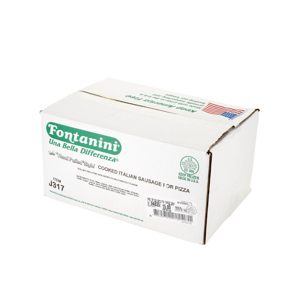 FONTANINI(r) Spicy Italian Sausage Topping, Cooked, Chunk, 12-15/oz, 3/5 lb . C1RA - Front Right Closed Case (Hi Res)