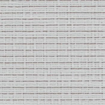 Woven roller blind, tightly lowered, showing white and pale-gray horizontal threads and textured weave; filtering daylight and softly diffusing light into a neutral, evenly lit interior space.