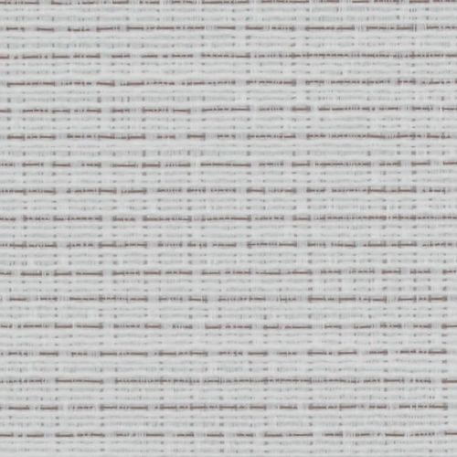 Woven roller blind, tightly lowered, showing white and pale-gray horizontal threads and textured weave; filtering daylight and softly diffusing light into a neutral, evenly lit interior space.