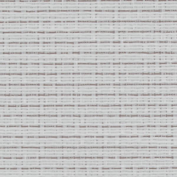 Woven roller blind, tightly lowered, showing white and pale-gray horizontal threads and textured weave; filtering daylight and softly diffusing light into a neutral, evenly lit interior space.
