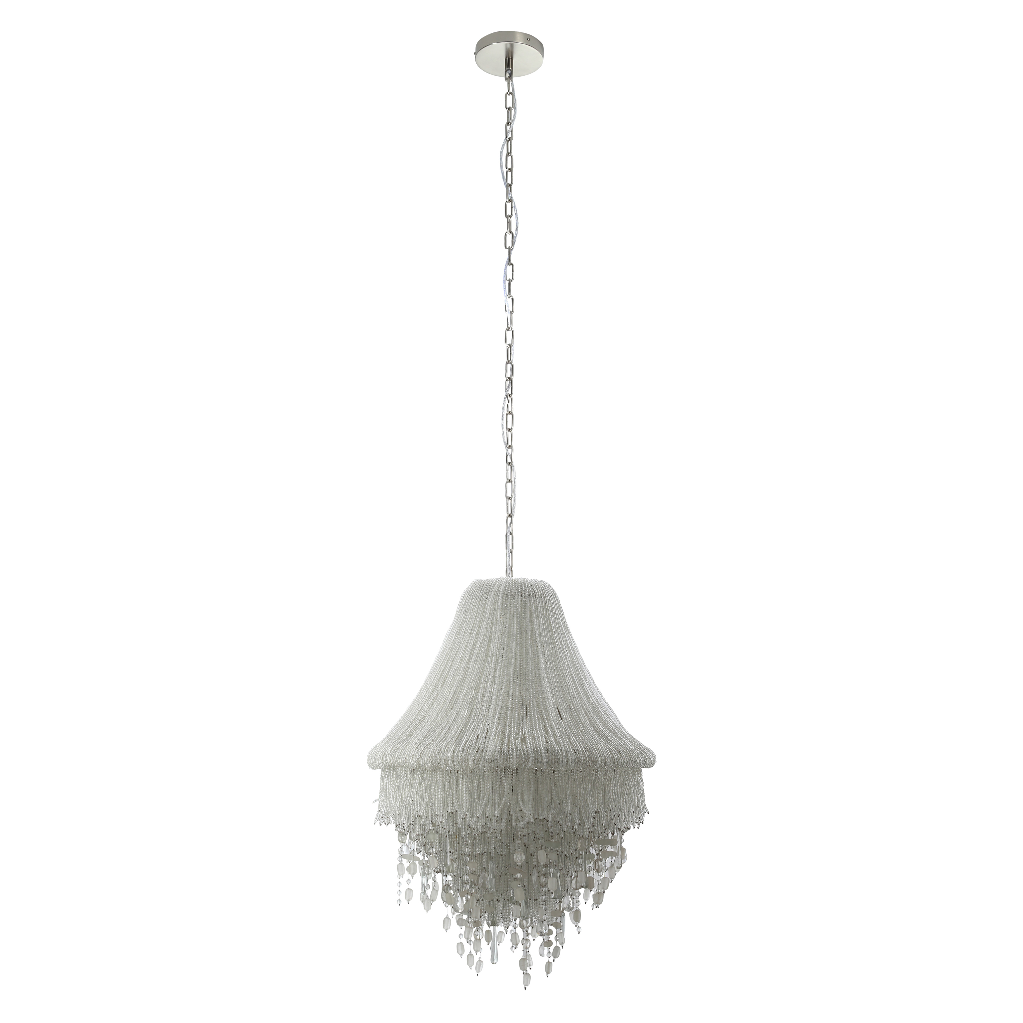 The Crystal Reign pendant combines traditional elegance with coastal charm through its polished nickel finish and unique sea glass accents. Five candelabra lights illuminate cascading crystal beads, creating sophisticated sparkle perfect for formal dining or grand entryways. - alternate view