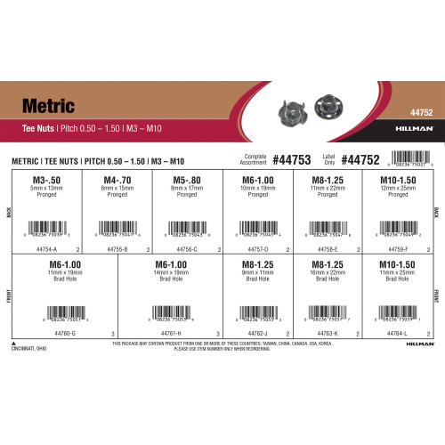 Metric Tee Nuts Assortment (M30.50 thru M101.50) Tee Nuts Nuts Specialty Fastening