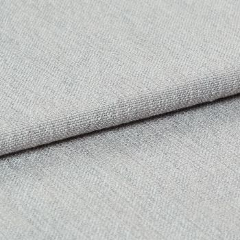 Light gray woven fabric, folded with a visible hem edge across the frame; tightly textured weave and subtle nap; close-up studio-lit shot on a neutral surface, soft even lighting.