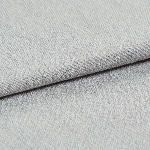 Light gray woven fabric, folded with a visible hem edge across the frame; tightly textured weave and subtle nap; close-up studio-lit shot on a neutral surface, soft even lighting.
