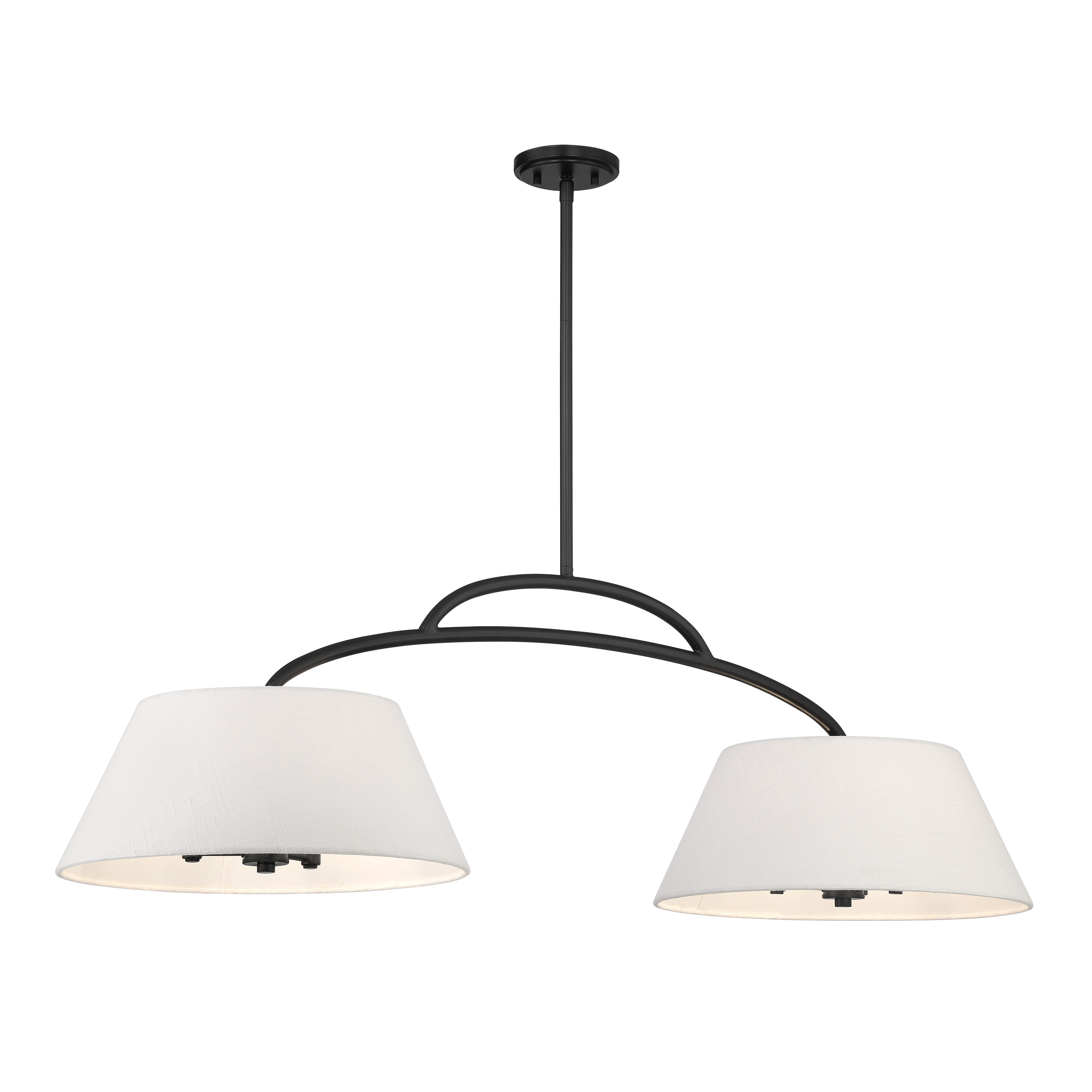 The Headington brings sophisticated modern style to kitchen islands and dining spaces with its clean linear form, coal black finish, and crisp white linen shades. Six candelabra lights provide ample illumination across a 48-inch span. - alternate view