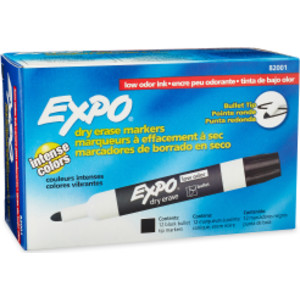 Low Odor Dry Erase Markers, Bullet Tip, Black, Box of 12