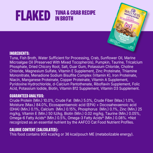 <p>Tuna, Fish Broth, Water Sufficient for Processing, Crab, Sunflower Oil, Marine Microalgae Oil (Preserved With Mixed Tocopherols), Pumpkin, Taurine, Tricalcium Phosphate, Dried Chicory Root, Salt, Guar Gum, Potassium Chloride, Choline Chloride, Magnesium Sulfate, Vitamin E Supplement, Zinc Proteinate, Thiamine Mononitrate, Menadione Sodium Bisulfite Complex (Vitamin K), Iron Proteinate, Niacin, Manganese Proteinate, Copper Proteinate, Vitamin A Supplement, Pyridoxine Hydrochloride, d-Calcium Pantothenate, Riboflavin Supplement, Folic Acid, Potassium Iodide, Biotin, Vitamin B12 Supplement, Vitamin D3 Supplement.</p>
