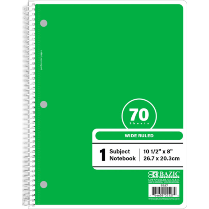 1-Subject Spiral Notebook, Wide Ruled, 70 Count, Green