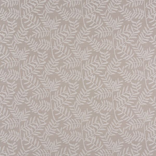 Beige textile or wallpaper covered in repeating cream fern-like leaf motifs, the pattern arranged diagonally and uniformly across a flat surface, shown in soft, even lighting.