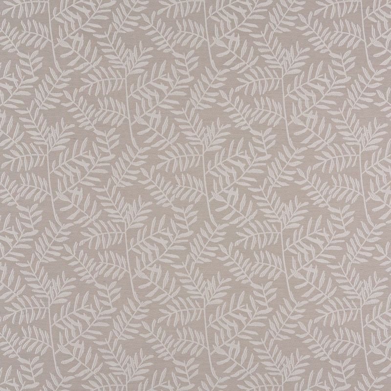 Beige textile or wallpaper covered in repeating cream fern-like leaf motifs, the pattern arranged diagonally and uniformly across a flat surface, shown in soft, even lighting.