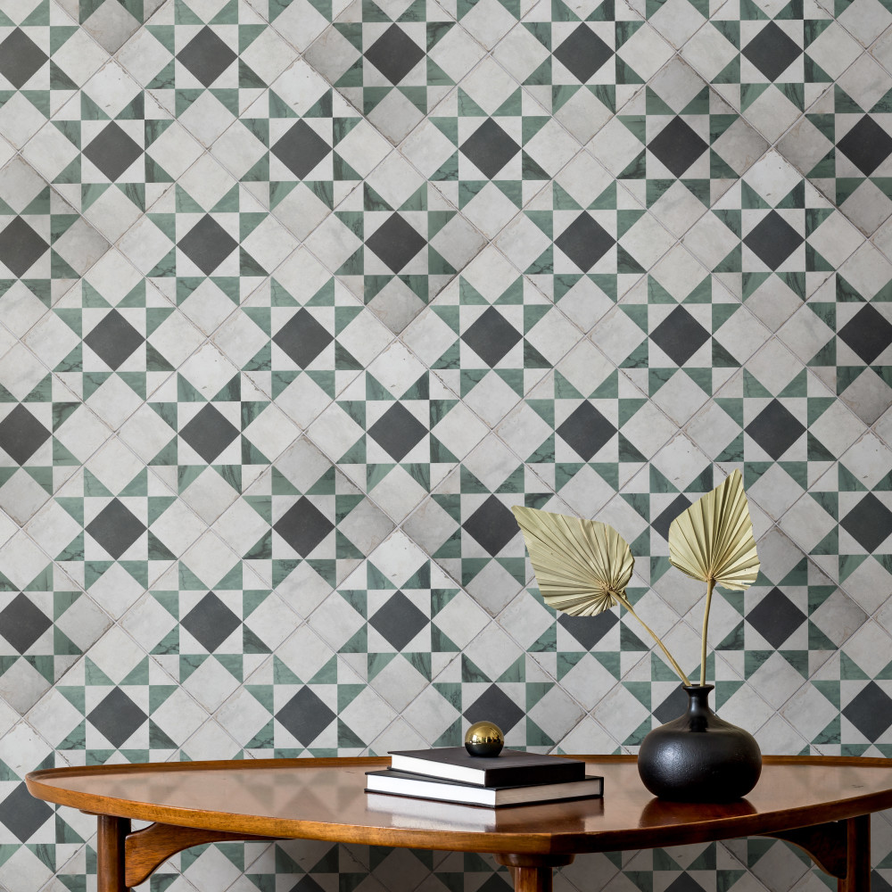 Renaissance Deco Emerald Cross 7.88x7.88 Square Porcelain Floor and Wall Digital Pattern