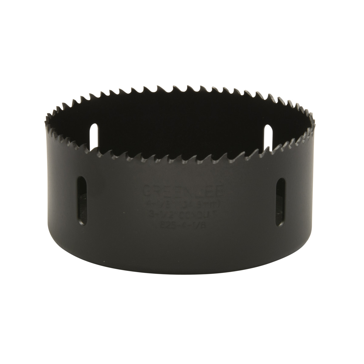Bi-Metal Hole Saw, Actual Hole Size 3-5/8" (92.1 mm).  Cut through steel, tin, aluminum, fiberglass, wood and plastic.  Deep 1-5/8" (41.3 mm) cutting depth allows for cutting through 2" x 4" wood studs.  Extra-tough bi-metal blade- we use the highest grade oftool steel to outlast competitor's blades. That beats premature saw replacement and saves you money.  Steam oxide finish - no paint to gum up and slow cutting.  The saw runs cooler for longer life and better performance.  Extra-thick backplate minimizes vibration for smoother, easier, less tiring cutting.  Made in USA.