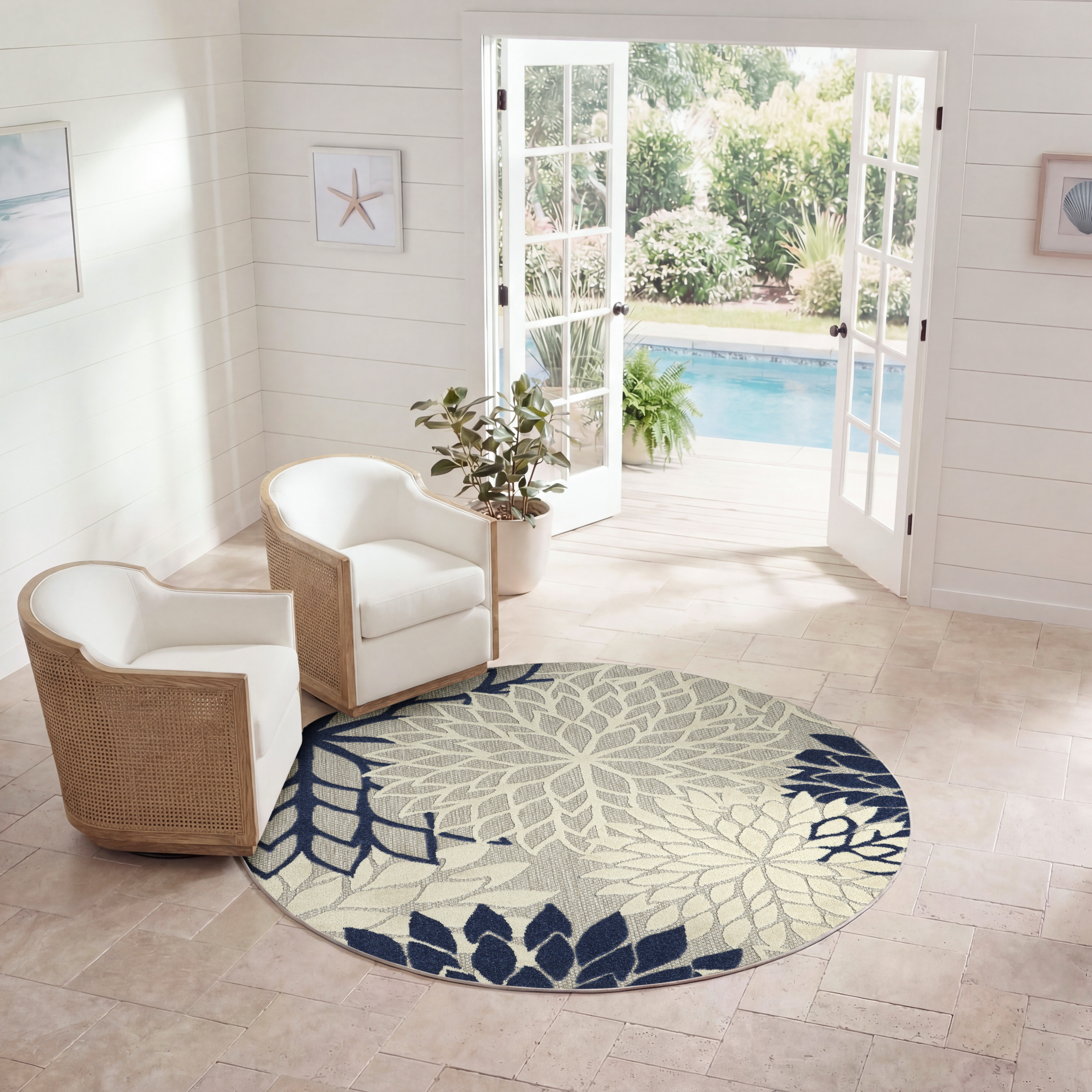 Nourison Aloha 5'3" x Round Ivory Navy Tropical Rug