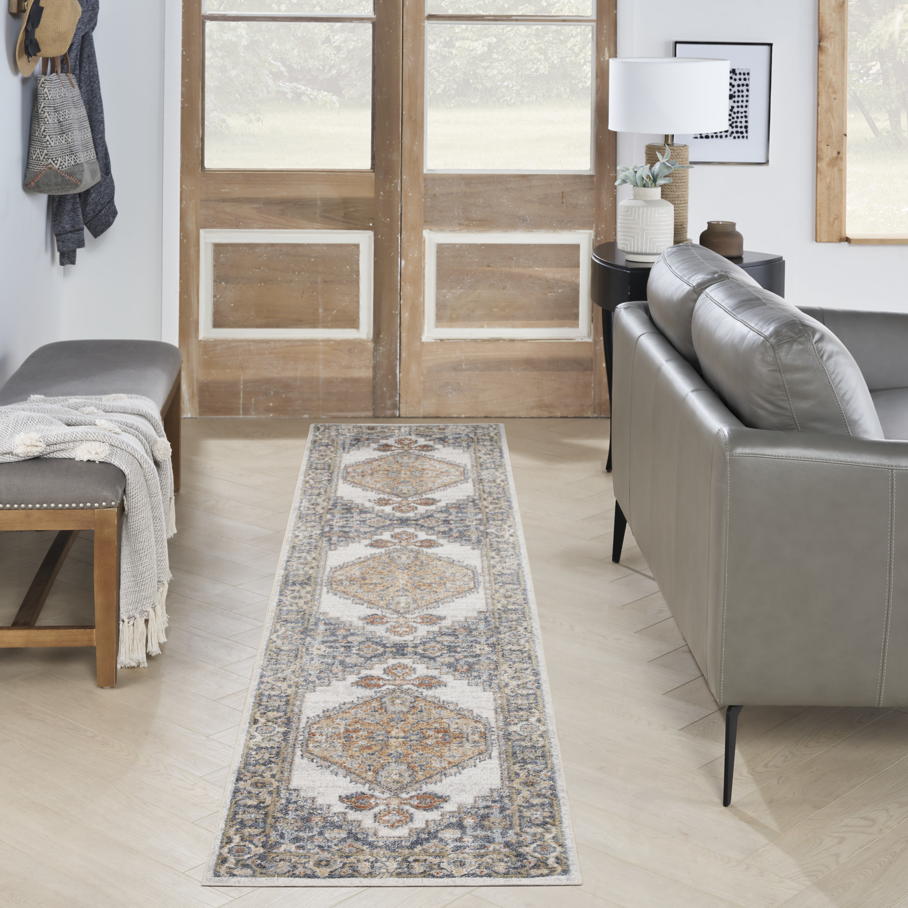 Nourison Astra Machine Washable 2'2" x 12' Grey Gold Vintage Indoor Rug