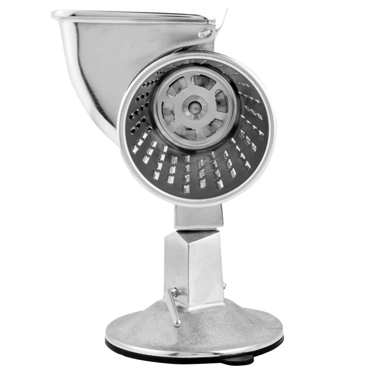 King Kutter™ manual food processor with suction cup base and shredder-cut, string-cut, French-fry-cut, thin-slice-cut and crinkle-cut cones