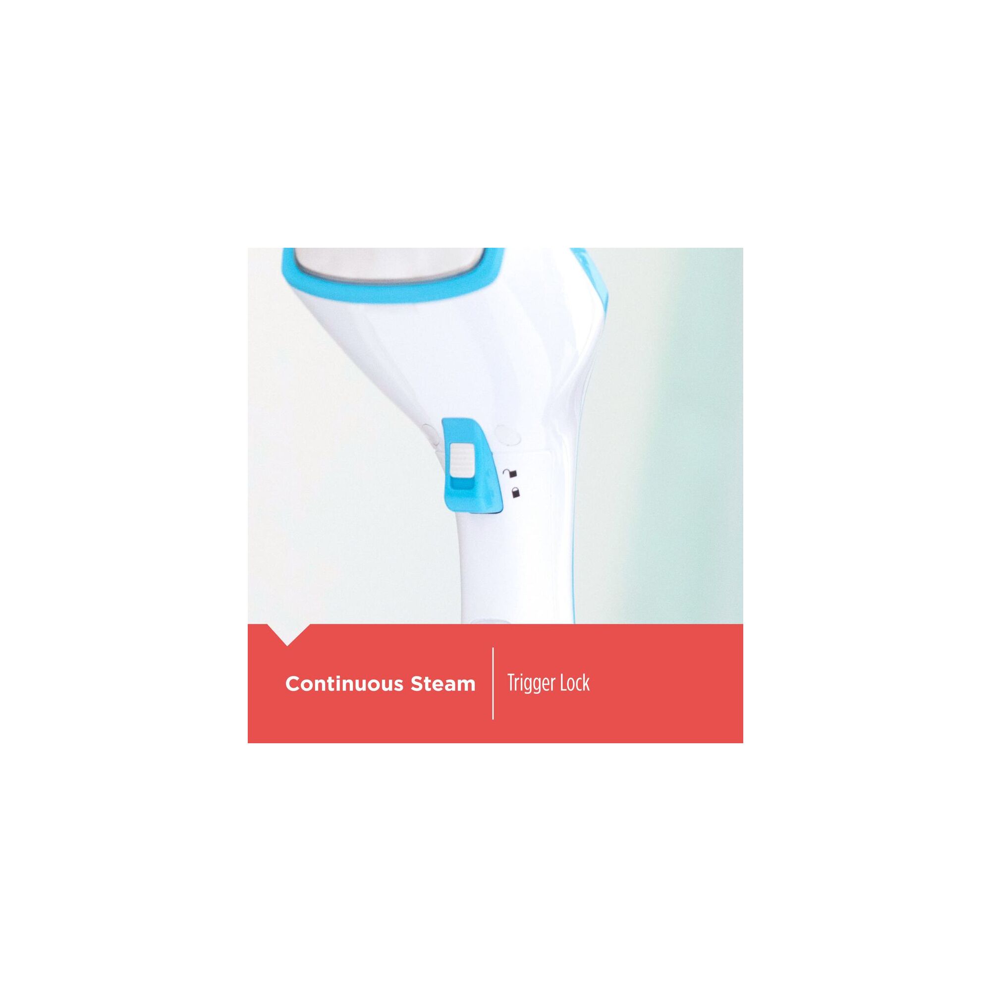 BLACK+DECKER® Compact Garment Hand and Travel Steamer (Turquoise). Trigger lock