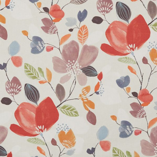 Cream textile featuring large stylized watercolor flowers and leaves (red, pink, orange, blue, green) printed across the surface; neutral background, close-up view, soft, airy aesthetic.