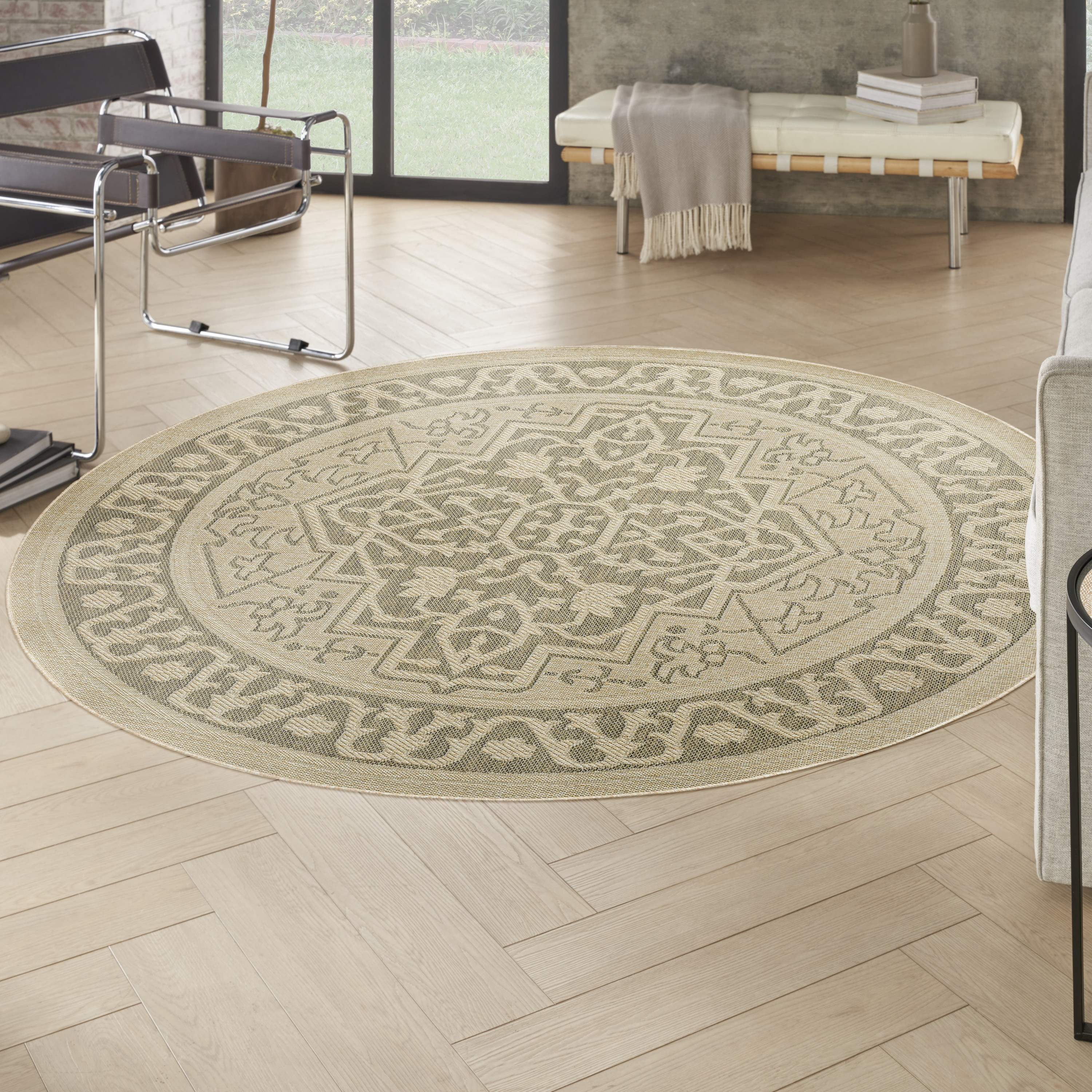 Nourison Tulum 8' x Round Taupe Olive Outdoor Rug