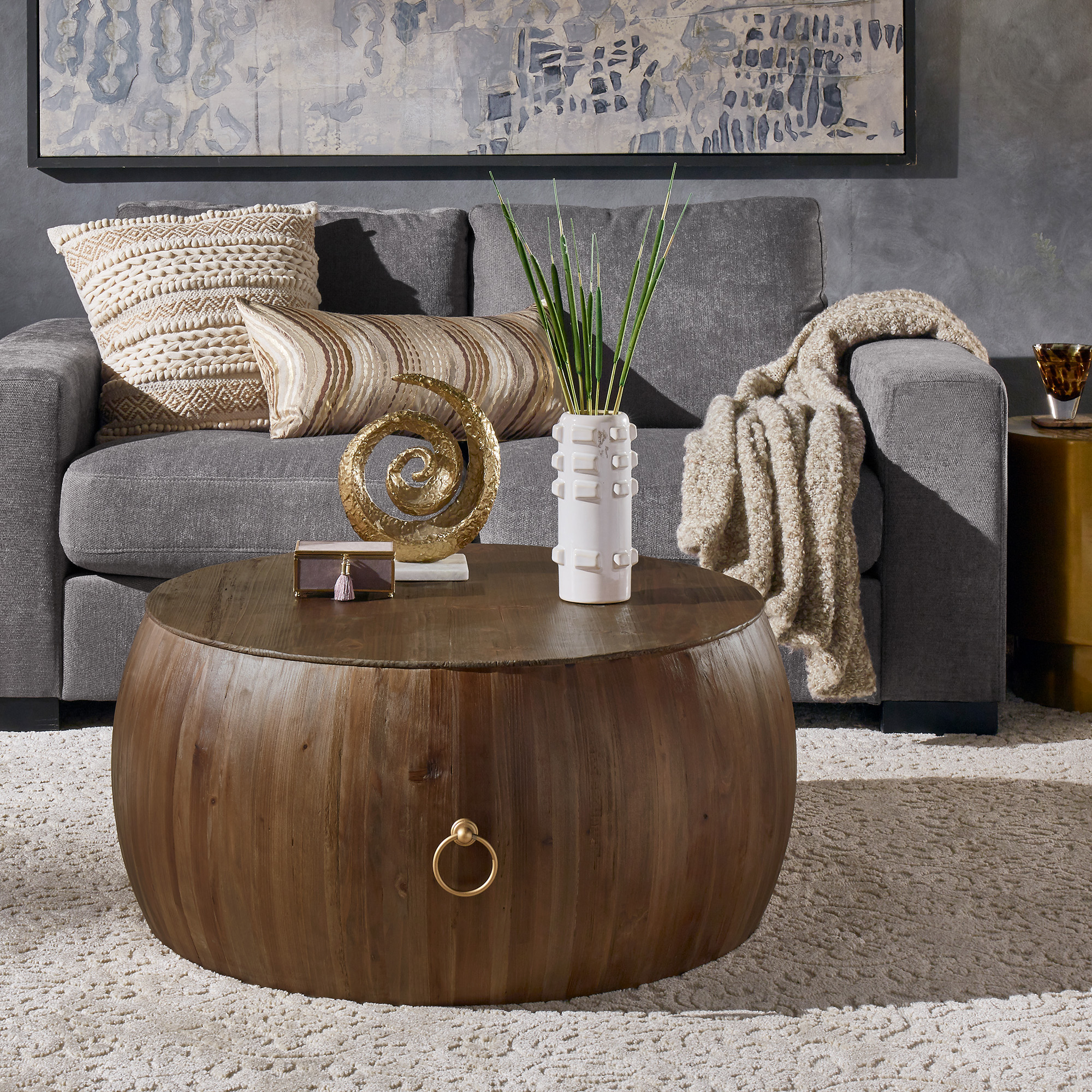 Reclaimed Wood and Gold Ring Wine Barrel Tables