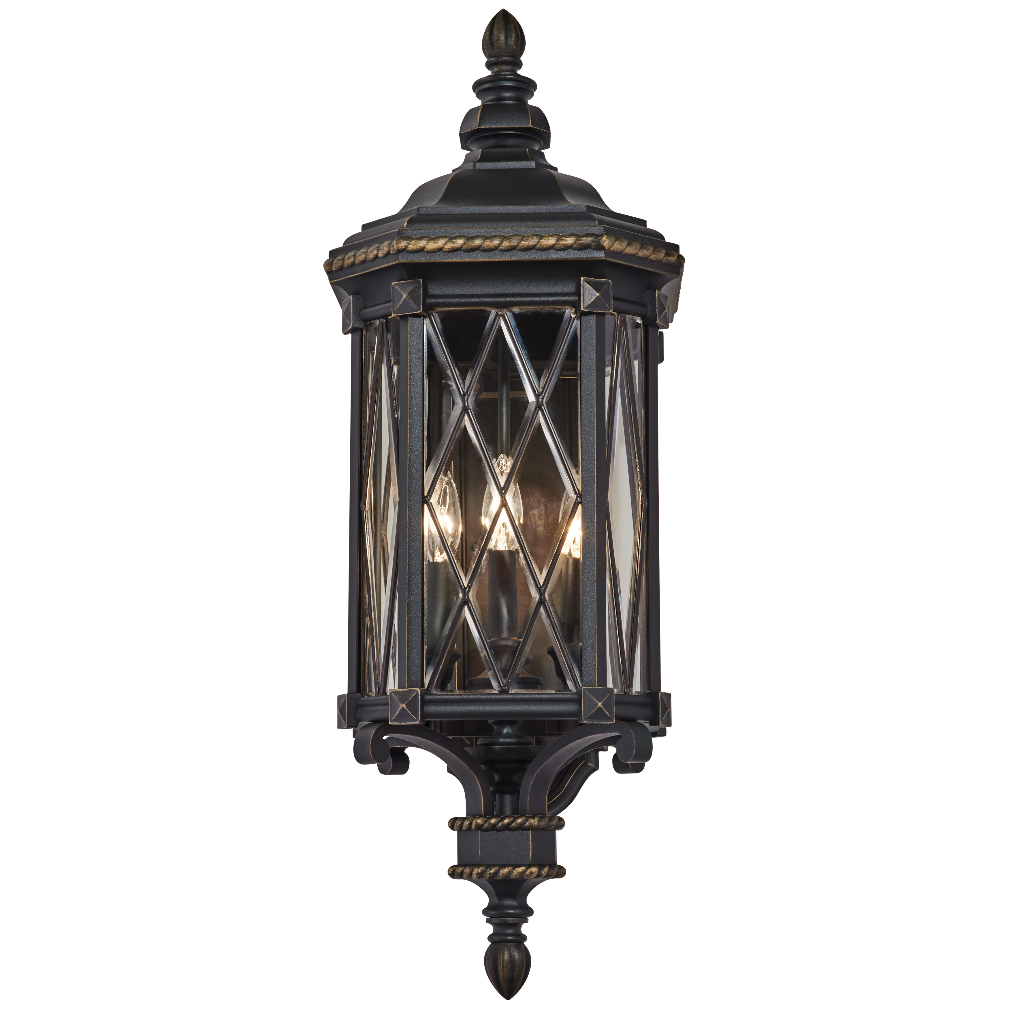 4 Light Outdoor Wall Mount in Black With Gold Highlights and Clear Beveled Glass - alternate view
