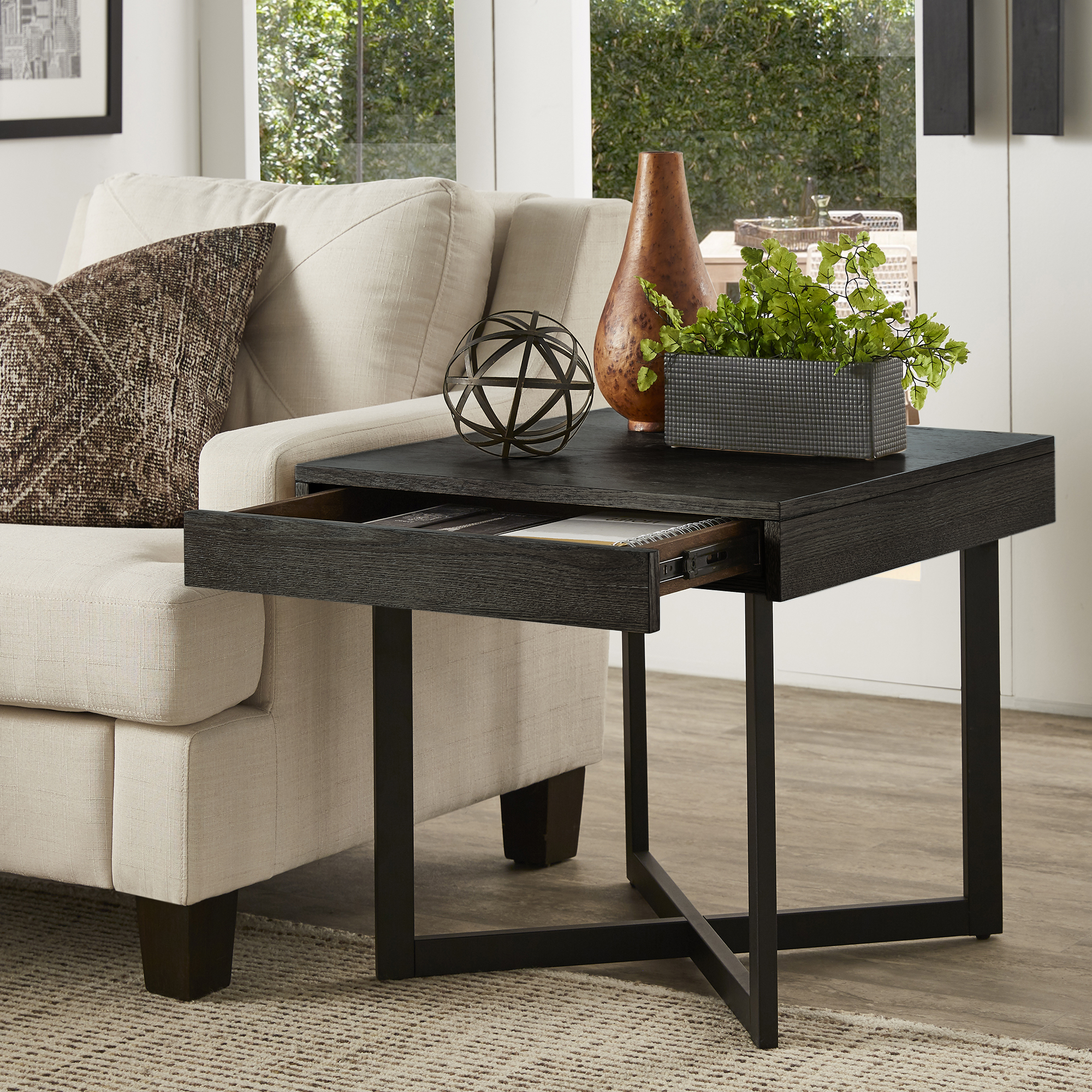 Wood Finish End Table with One Drawer