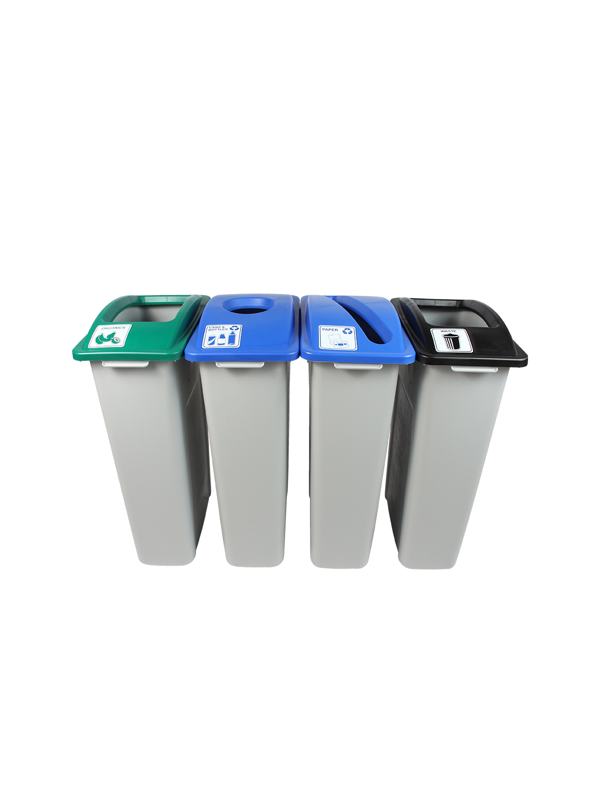 WASTE WATCHER – Quad – Kit – Cans & Bottles-Paper-Compost-Waste – Circle-Slot-Full – Grey-Blue-Blue-Green-Black