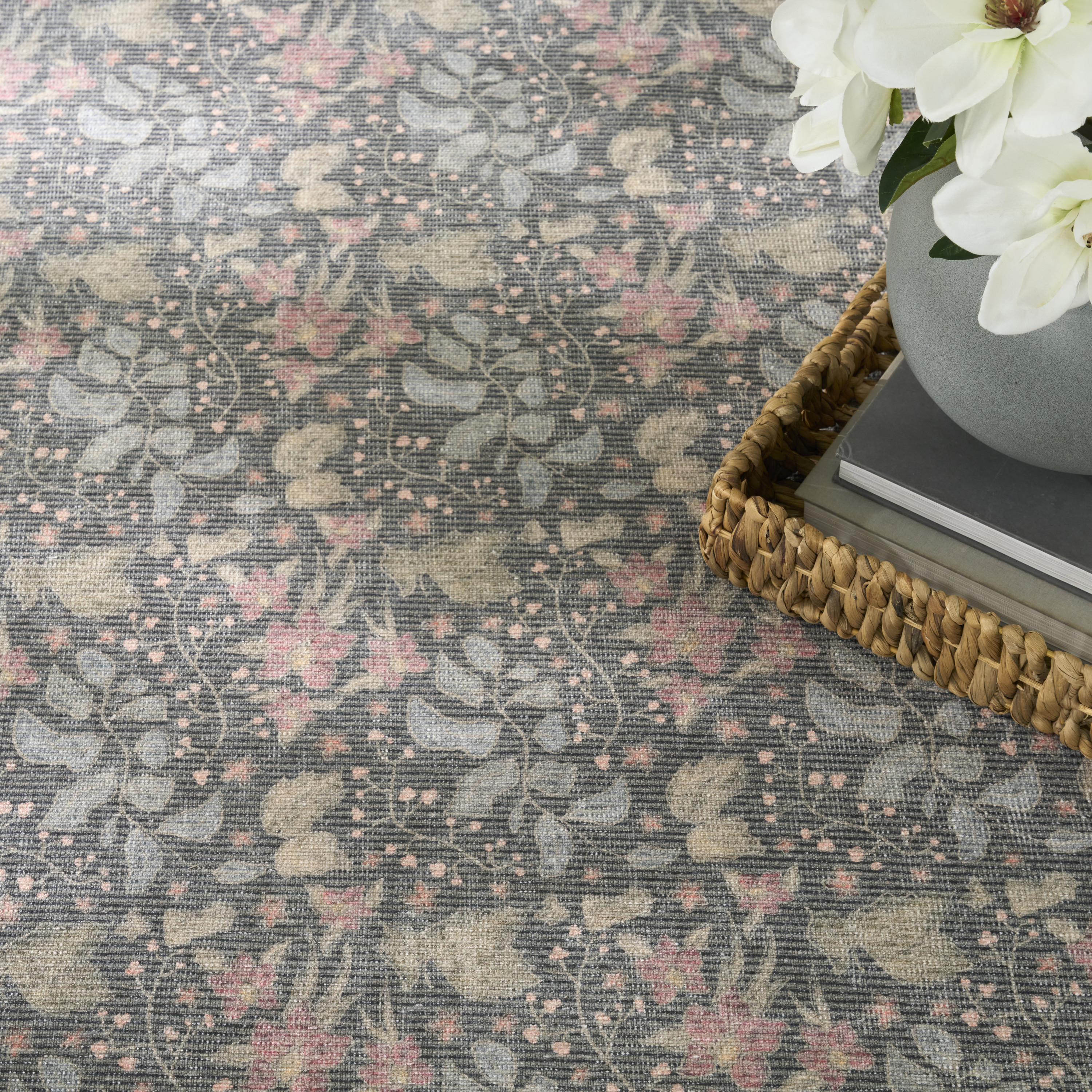 Nourison Botanical Washables 5' x 7' Charcoal Multicolor Farmhouse Indoor Rug