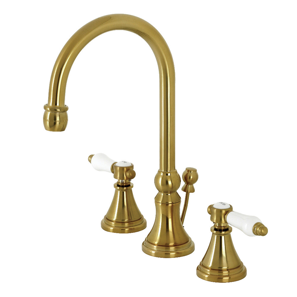 Two-Handle 3-Hole Deck Mount Widespread Bathroom Faucet with Brass Pop-Up, Brushed Brass with 8 Finish Options