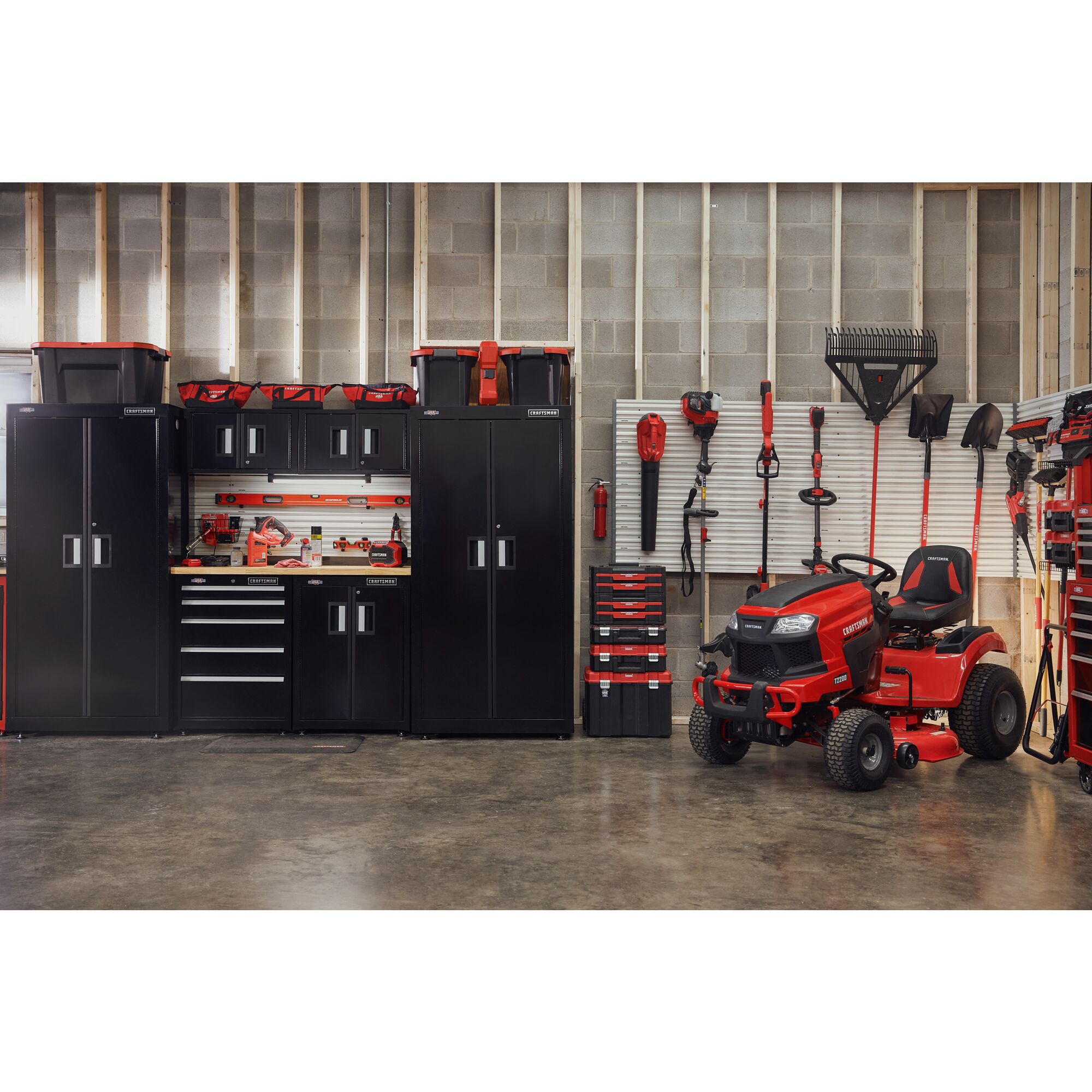 Garage filled with CRAFSTMAN outdoor, storage, and power tools and hand tools