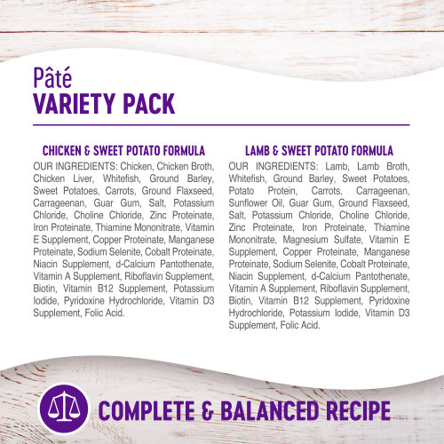 <p>Lamb & Sweet Potato Recipe:<br />
Lamb, Lamb Broth, Whitefish, Ground Barley, Sweet Potatoes, Potato Protein, Carrots, Carrageenan, Sunflower Oil, Dried Plain Beet Pulp, Ground Flaxseed, Guar Gum, Fish Oil (Preserved With Mixed Tocopherols), Salt, Potassium Chloride, Dried Chicory Root, Choline Chloride, Zinc Proteinate, Iron Proteinate, Vitamin E Supplement, Thiamine Mononitrate, Magnesium Sulfate, Tricalcium Phosphate, Copper Proteinate, Cobalt Proteinate, Manganese Proteinate, Sodium Selenite, Niacin Supplement, d-Calcium Pantothenate, Vitamin A Supplement, Riboflavin Supplement, Biotin, Vitamin B12 Supplement, Pyridoxine Hydrochloride, Potassium Iodide, Vitamin D3 Supplement, Folic Acid.									</p>
<p>Chicken & Sweet Potato Recipe:<br />
Chicken, Chicken Broth, Whitefish, Ground Barley, Chicken Liver, Sweet Potatoes, Carrots, Carrageenan, Chicken Heart, Ground Flaxseed, Dried Plain Beet Pulp, Guar Gum, Fish Oil (Preserved With Mixed Tocopherols), Salt, Potassium Chloride, Dried Chicory Root, Sunflower Oil, Choline Chloride, Zinc Proteinate, Iron Proteinate, Thiamine Mononitrate, Tricalcium Phosphate, Vitamin E Supplement, Copper Proteinate, Cobalt Proteinate, Manganese Proteinate, Sodium Selenite, Niacin Supplement, d-Calcium Pantothenate, Vitamin A Supplement, Riboflavin Supplement, Biotin, Vitamin B12 Supplement, Potassium Iodide, Pyridoxine Hydrochloride, Vitamin D3 Supplement, Folic Acid.</p>

