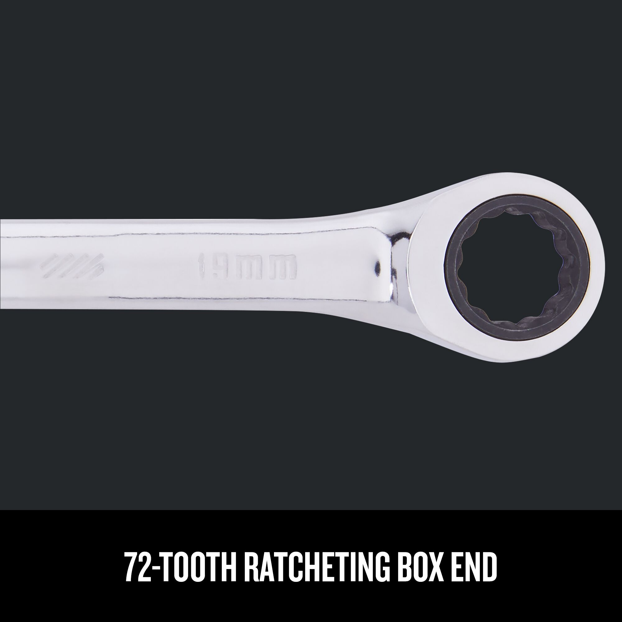Close-up angled view of Craftsman 19 mm Metric 12 pt. 72-Tooth Ratcheting Wrench Box End.