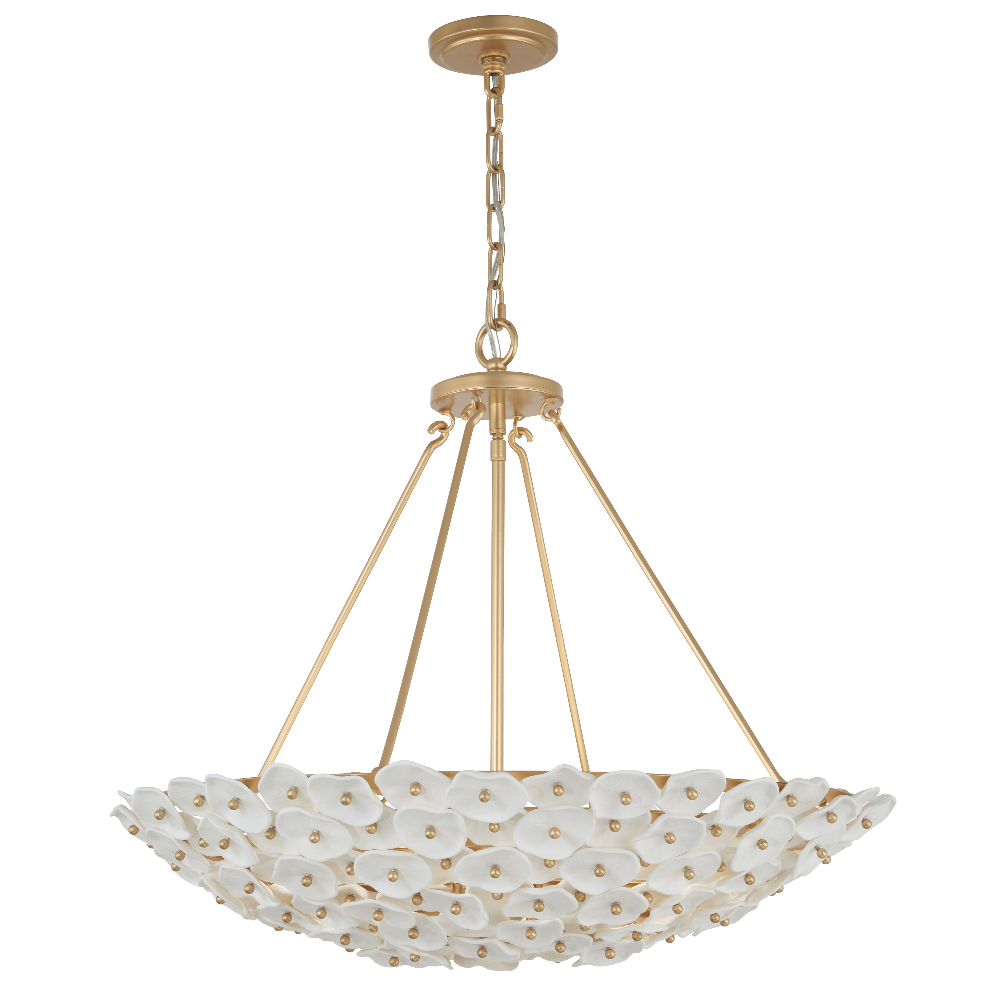 The Coastlyn pendant combines modern design with coastal elegance through its 6-light configuration and Legacy Brass finish. White ceramic accents complement the warm metallic tones, creating a versatile fixture suitable for both residential and hospitality settings. - alternate view