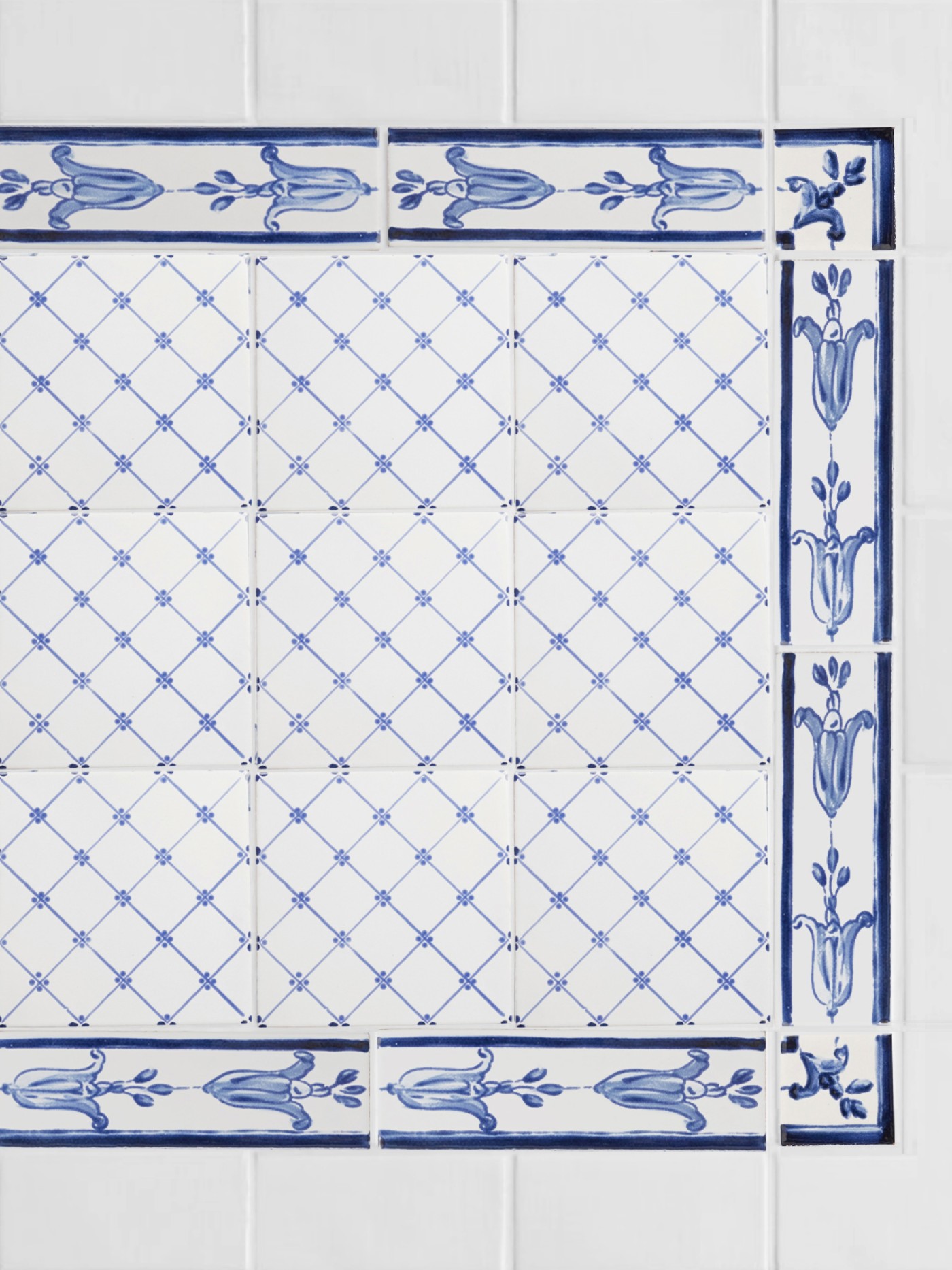 blue and white tiles with a floral design.