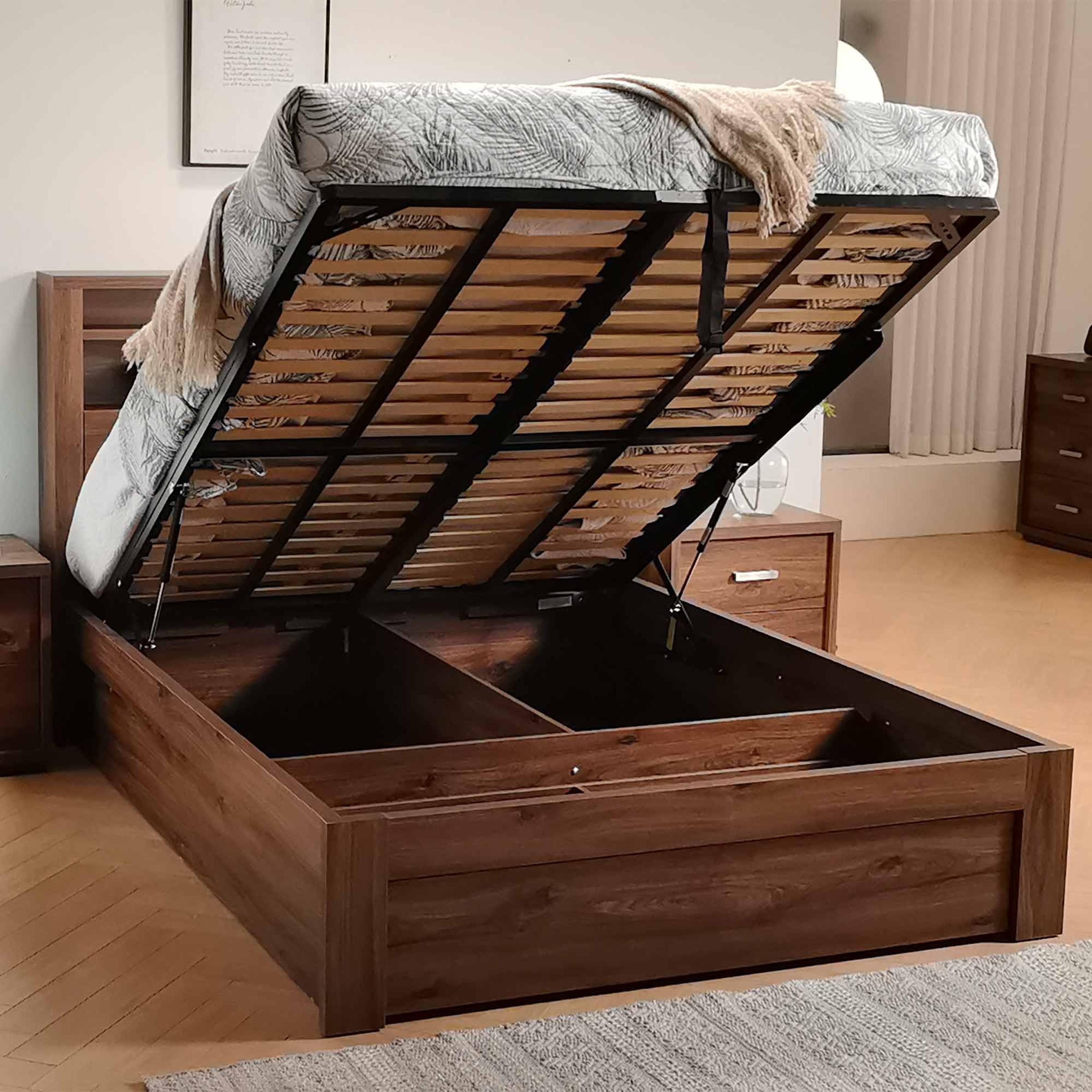 Lifestyle image of the  Bellevue Bed Frame, Front Slat Gas Lift & End Drawer Base, Rustic Walnut from Forty Winks