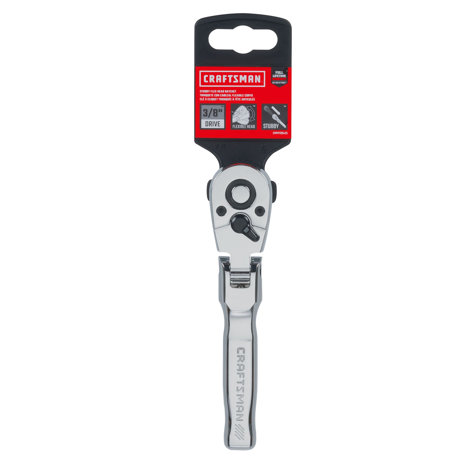 72 tooth 3 eighths inch drive quick release flexible head standard ratchet in plastic packaging.
