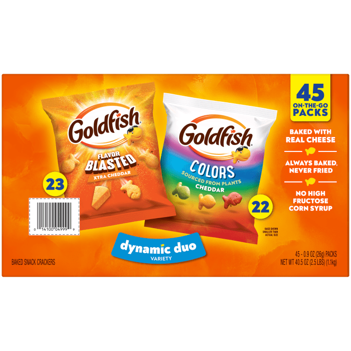 Goldfish® Colors Cheddar and Flavor Blasted Xtra Cheddar Crackers, 45 count box, 40.5 oz, bag - Back Image