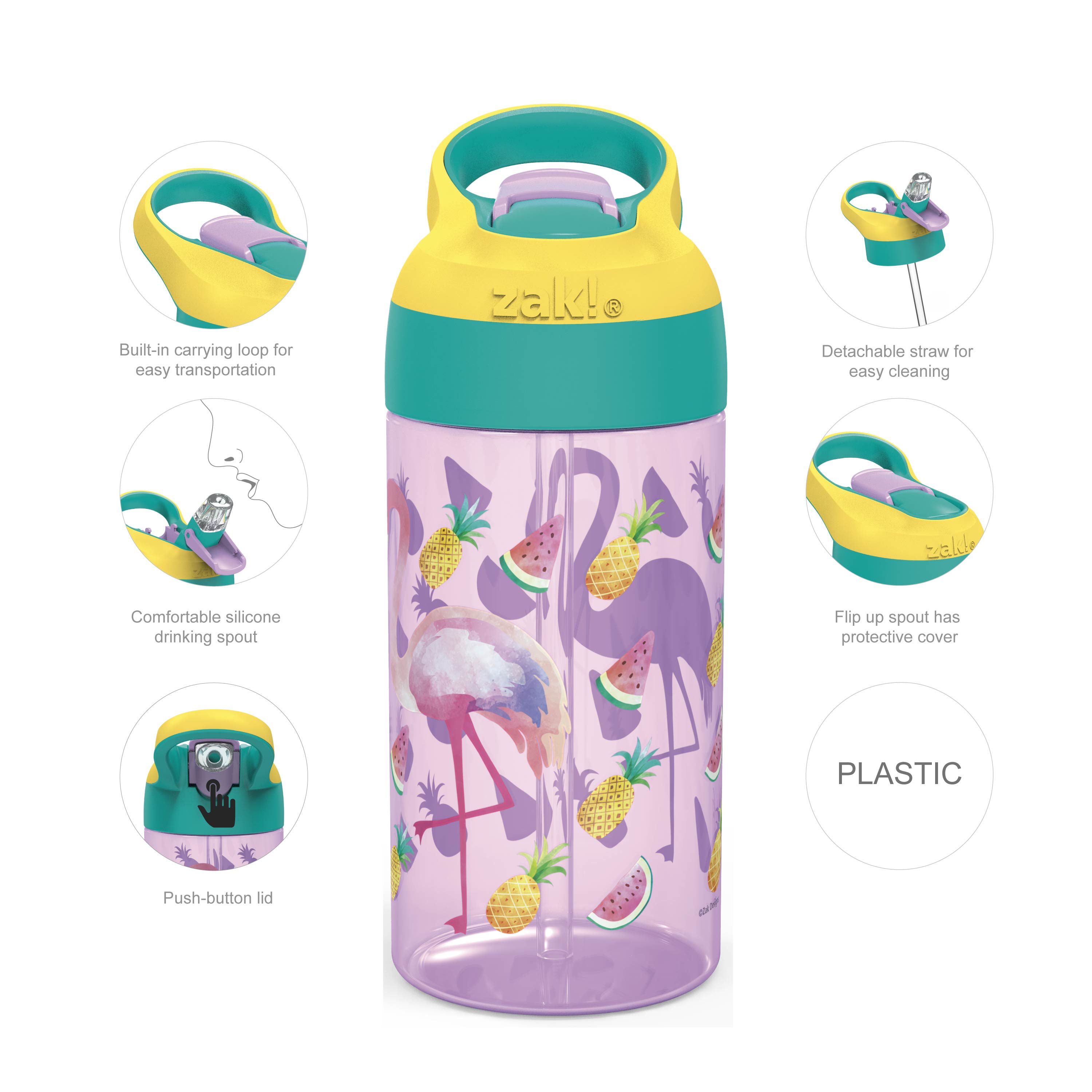 Zak Hydration 16 ounce Water Bottle, Cactus, Flamingos and Pineapples, 2-piece set slideshow image 5