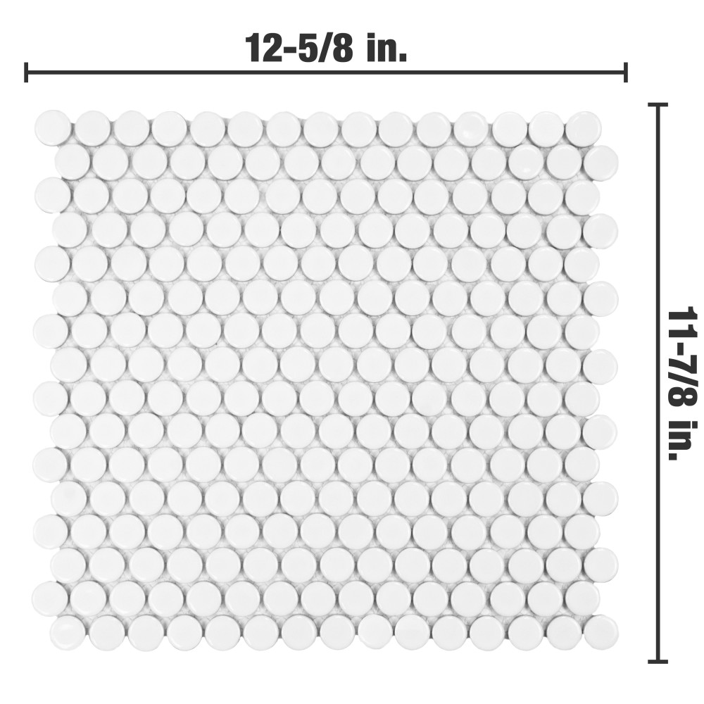 Hudson Penny Round Glossy White 11-7/8 in. x 12-5/8 in. Porcelain Mosaic Tile