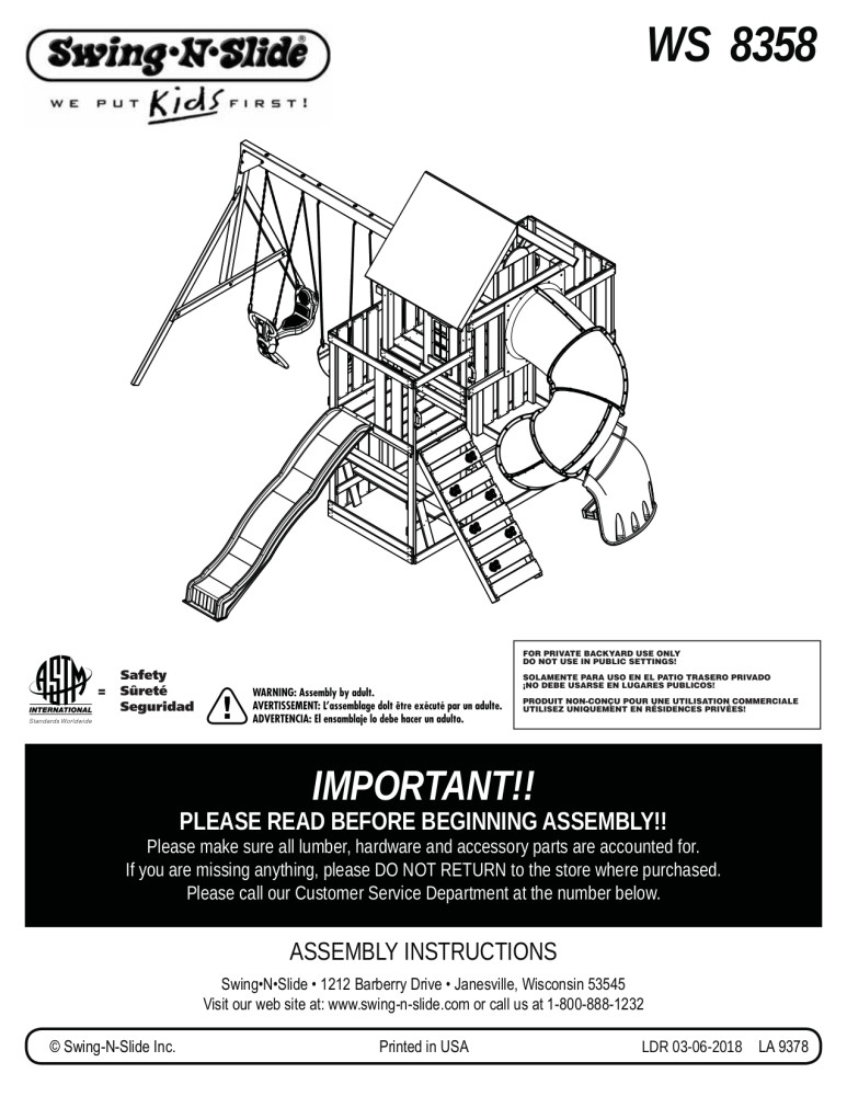 SwingNSlide Denali Tower Wooden Swing Set with 5' Turbo Tube Slide
