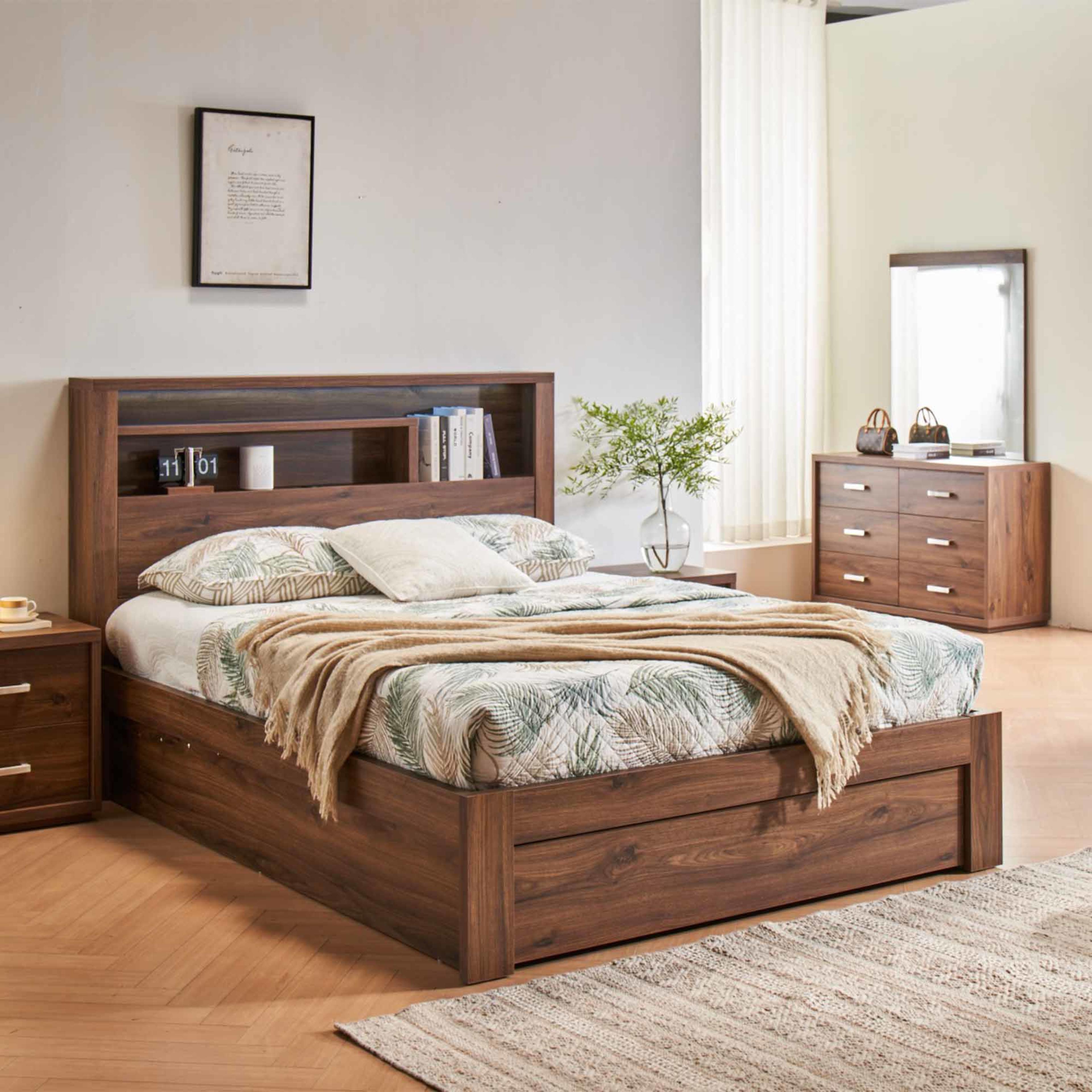 Lifestyle image of the  Bellevue Bed Frame, Front Slat Gas Lift Base, Rustic Walnut from Forty Winks
