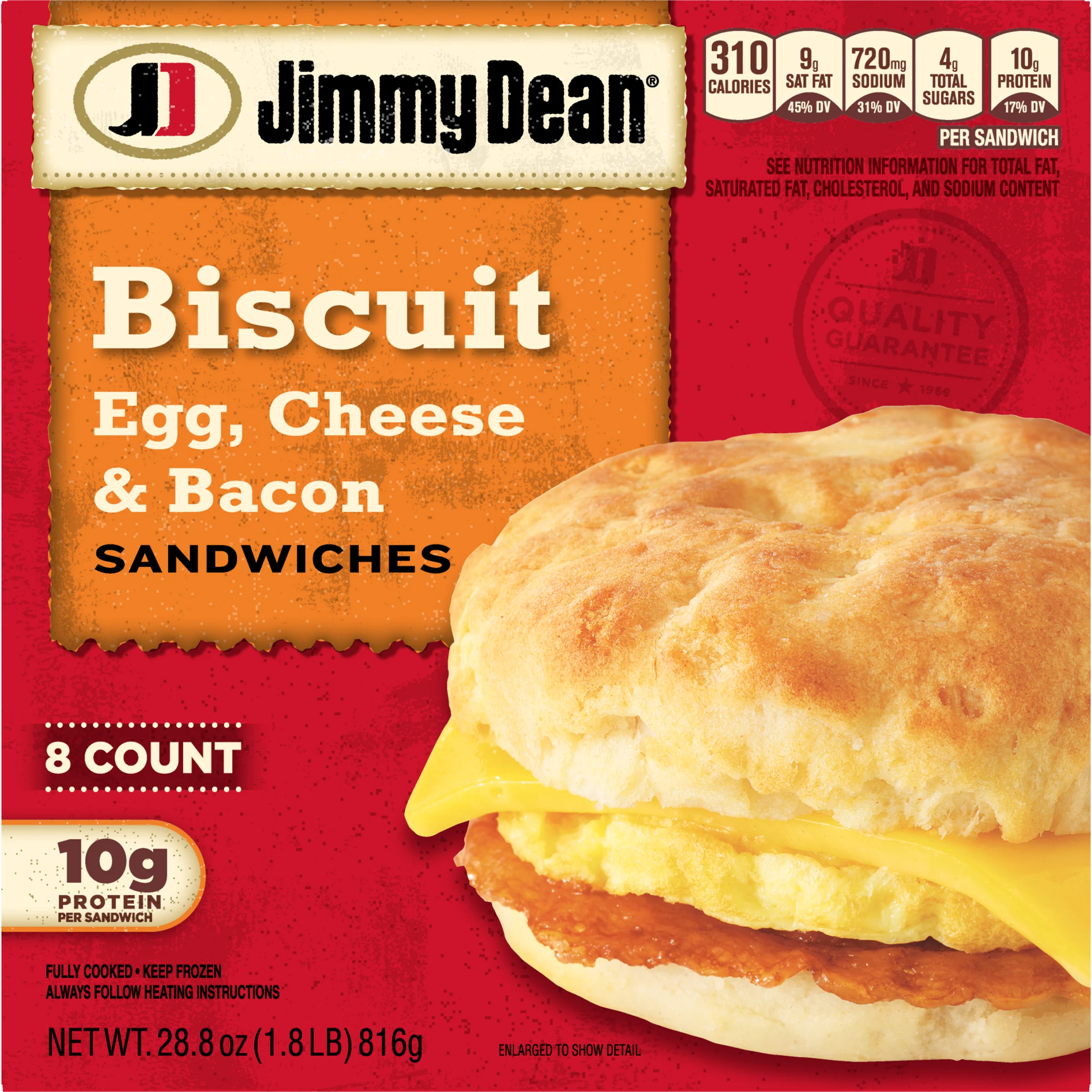 Jimmy Dean Biscuit Breakfast Sandwiches with Bacon, Egg, and Cheese, Frozen, 8 Count