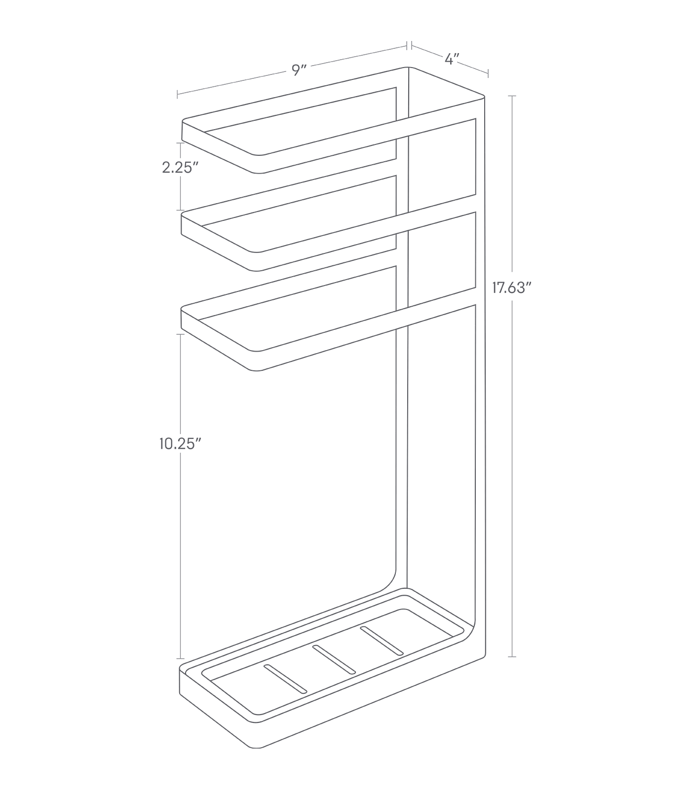 LAYER Umbrella Stand. 17.63 inches tall, 9 inches long, 4 inches wide. Lowest tier 10.25 inches from base.