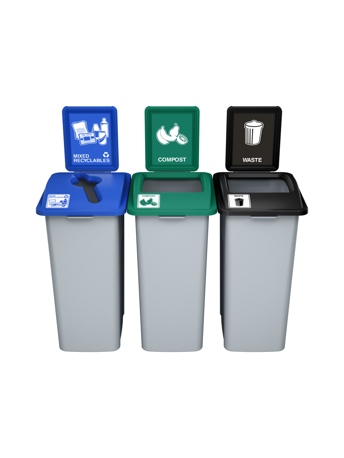 WASTE WATCHER – Triple – Kit – Xl – Mixed Recyclables-Compost-Waste – Mixed-Full – Grey-Blue-Green-Black