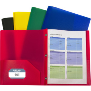 Two-Pocket Heavyweight Poly Portfolio Folder with Prongs, Assorted Primary Colors, Pack of 10