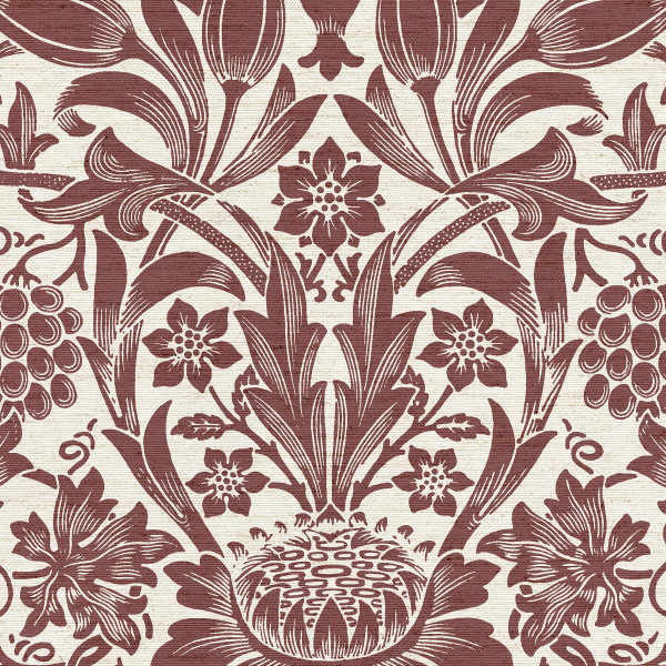 Stylized floral medallion repeats across a textured cream background; maroon curling leaves, tulip-like buds, grape clusters and rosettes form a vintage damask wallpaper pattern.