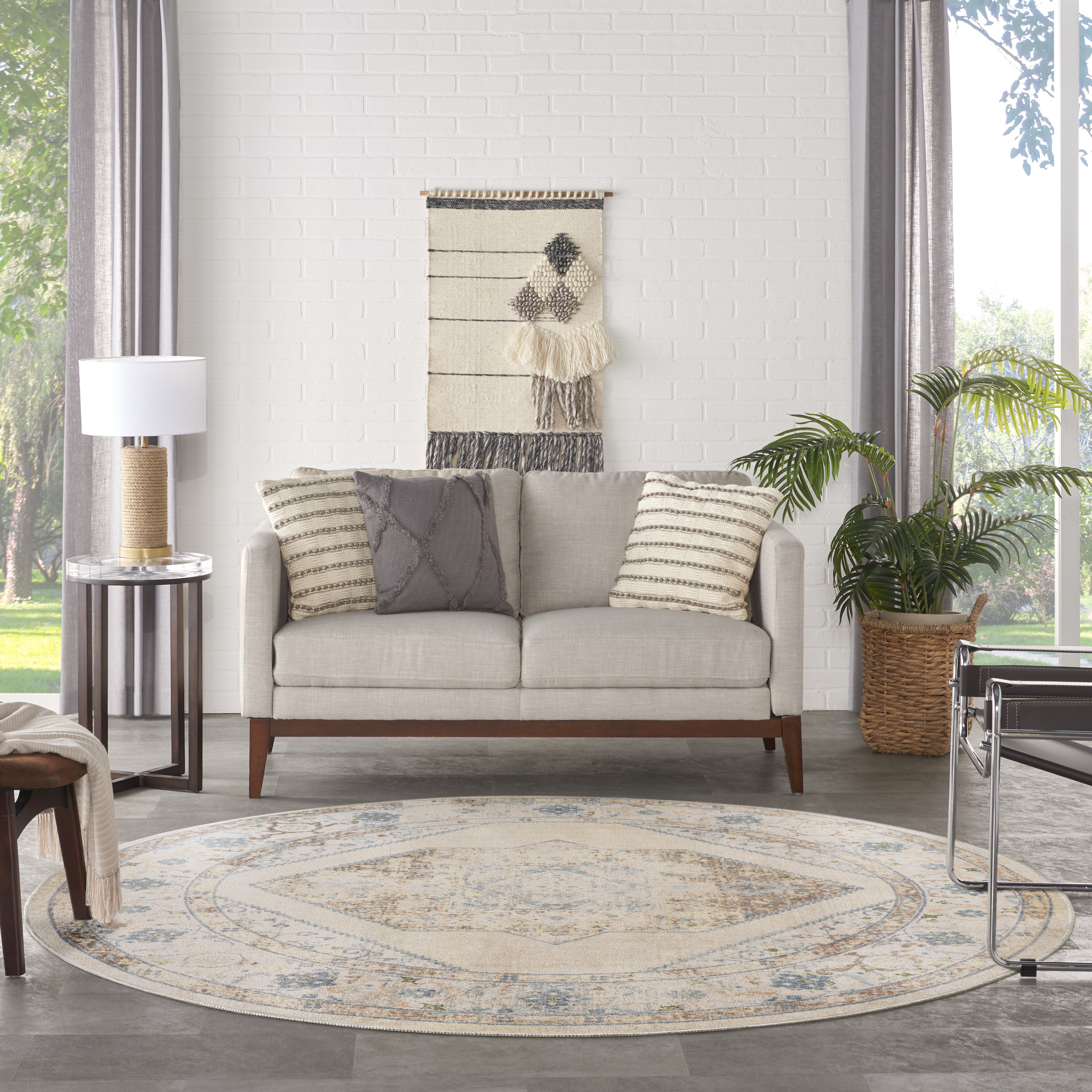 Nourison Astra Machine Washable 5'3" x Round Ivory Blue Vintage Indoor Rug
